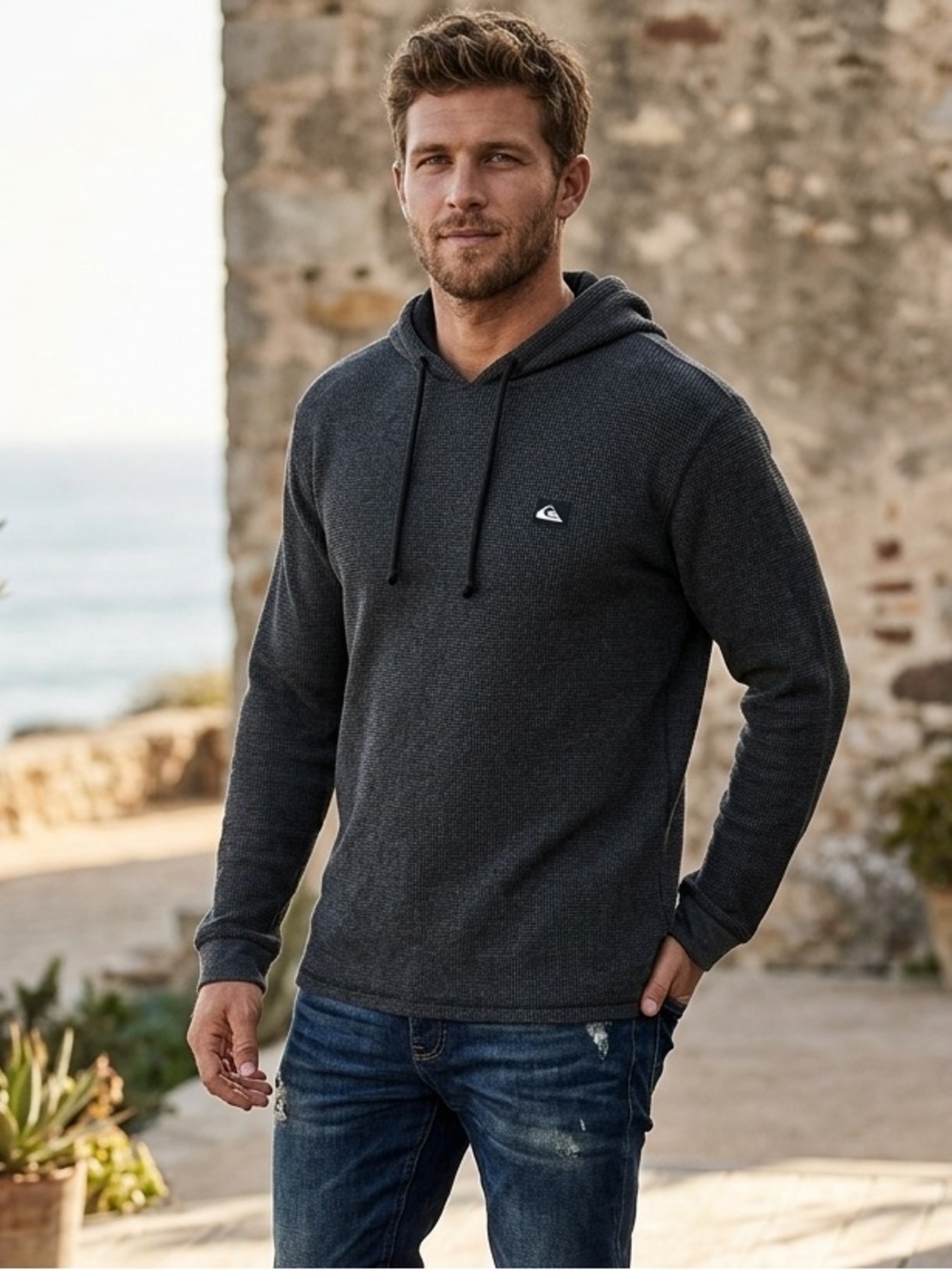 Quiksilver Charcoal Gray Lightweight Waffle Hooded Long Sleeve Shirt, Size XL